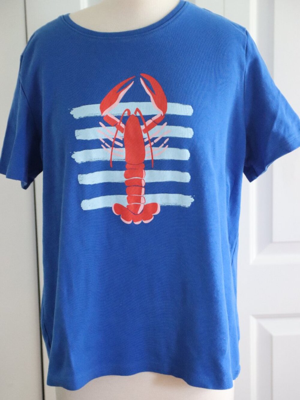 Kim Rogers Blue Short Sleeve Cotton Tee Lobster Stripes Size Large Casual Beach